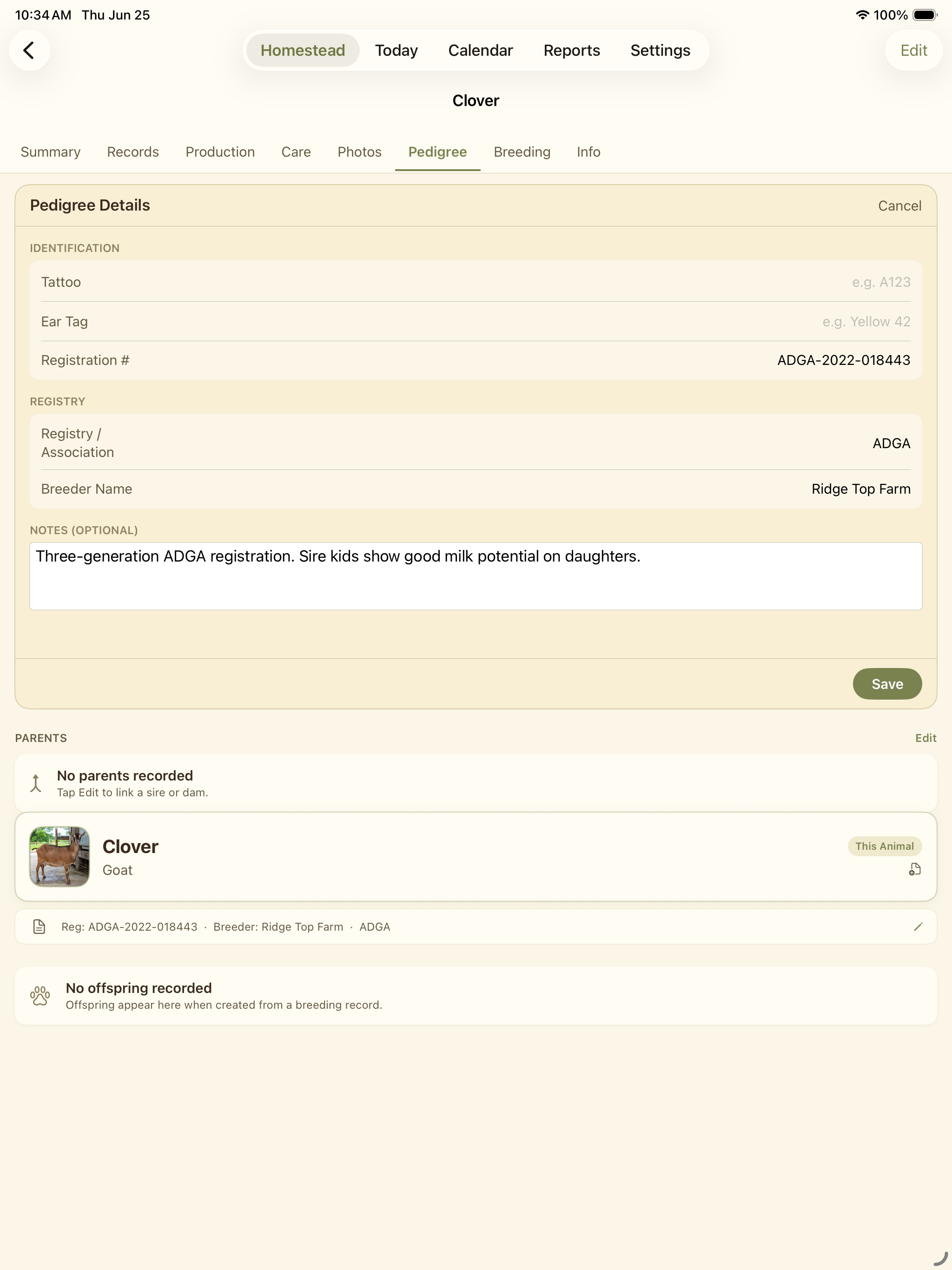 Pregnancy details record with status, expected date, notes, and linked animal record.